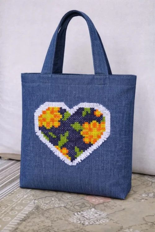 Floral Heart Handcrafted Denim Bag