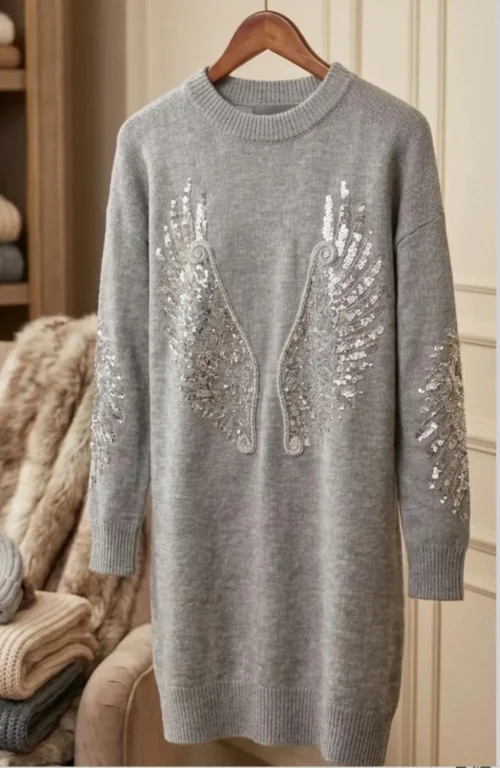 Silver Wing Embellished Knit Dress